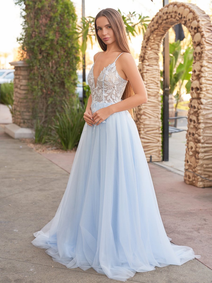 Cynthia | Light Blue V Neck Lace - Up Appliques Tulle Long Prom Dress - KissProm