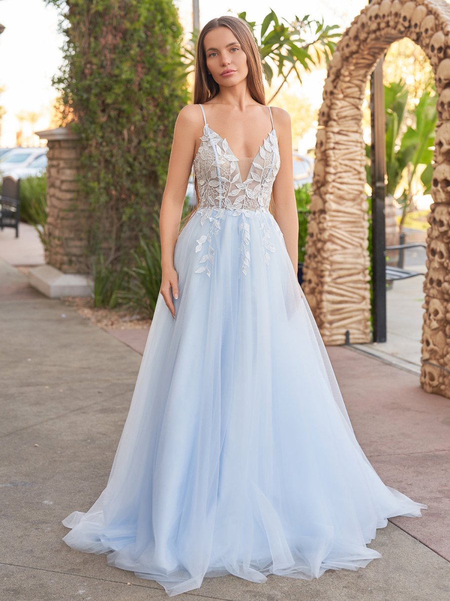 Cynthia | Light Blue V Neck Lace - Up Appliques Tulle Long Prom Dress - KissProm