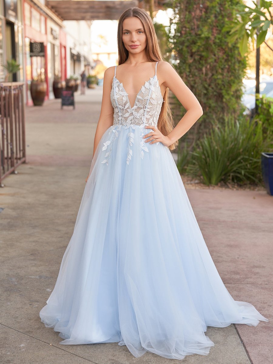 Cynthia | Light Blue V Neck Lace - Up Appliques Tulle Long Prom Dress - KissProm