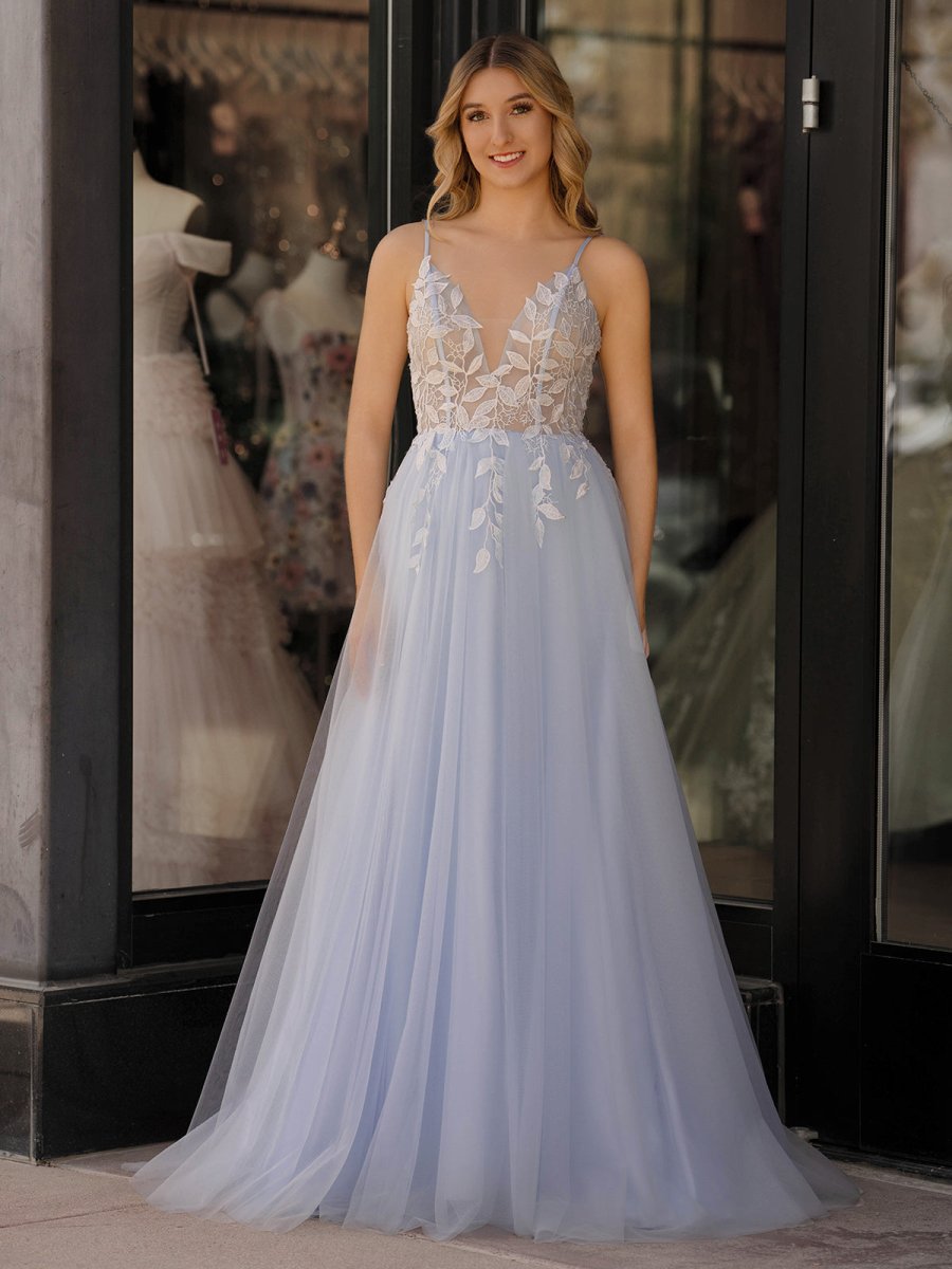 Cynthia | Light Blue V Neck Lace - Up Appliques Tulle Long Prom Dress - KissProm