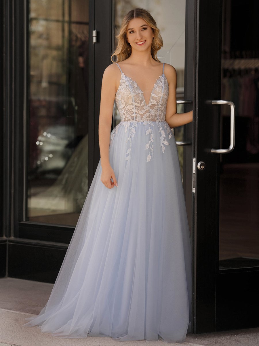 Cynthia | Light Blue V Neck Lace - Up Appliques Tulle Long Prom Dress - KissProm