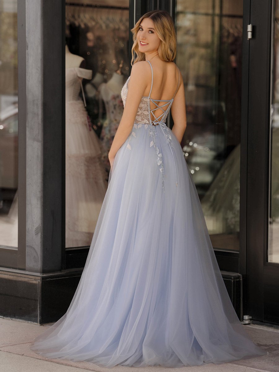 Cynthia | Light Blue V Neck Lace - Up Appliques Tulle Long Prom Dress - KissProm