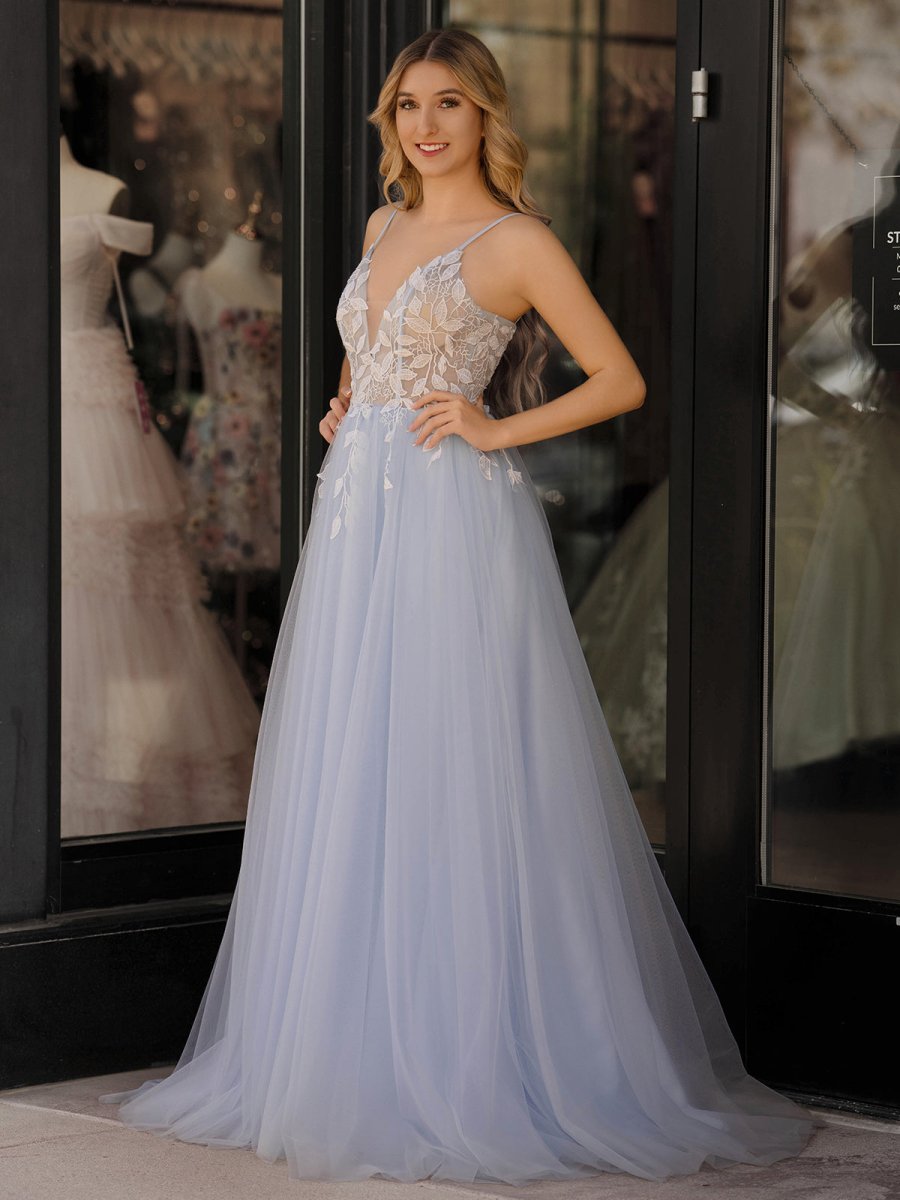 Cynthia | Light Blue V Neck Lace - Up Appliques Tulle Long Prom Dress - KissProm