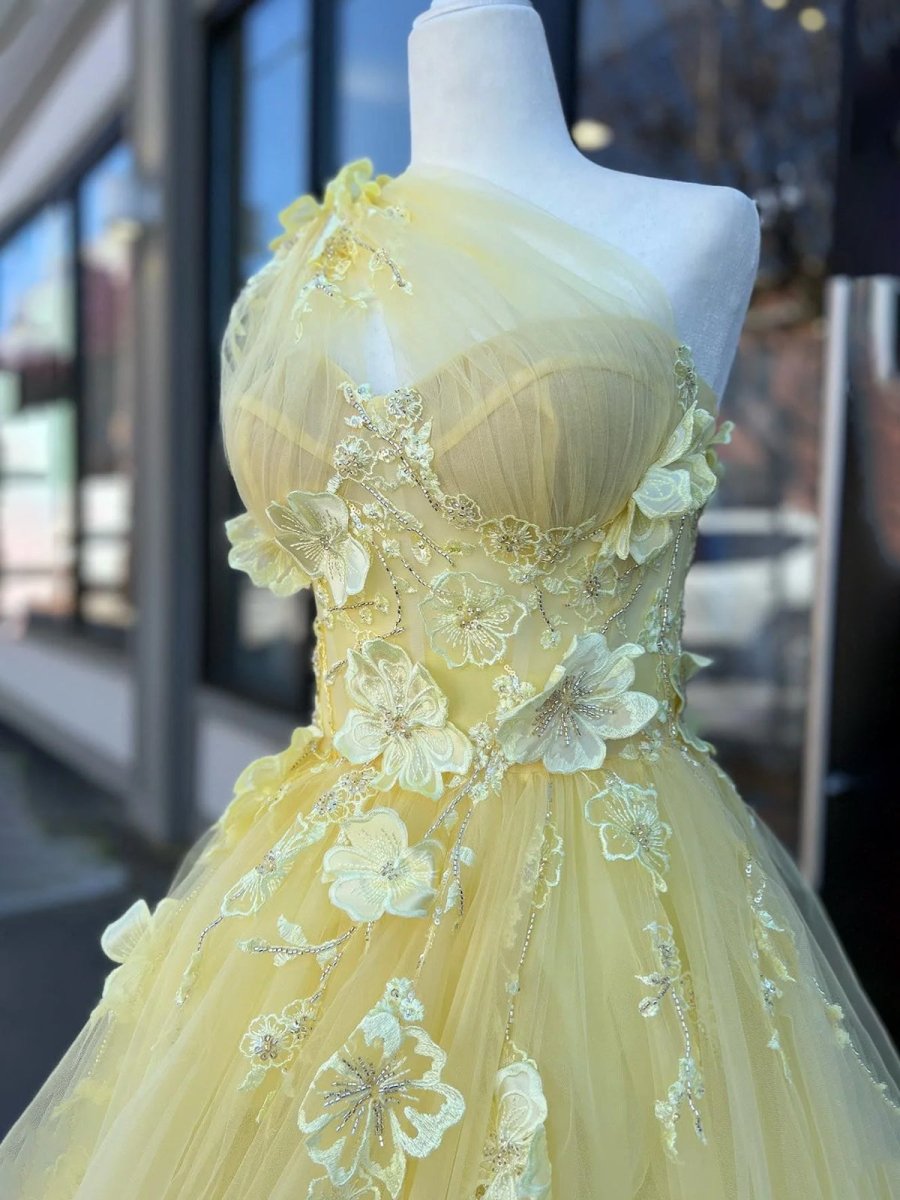 Jayna | Light Yellow One Shoulder 3D Appliques Beading Long Prom Dress with Slit - KissProm