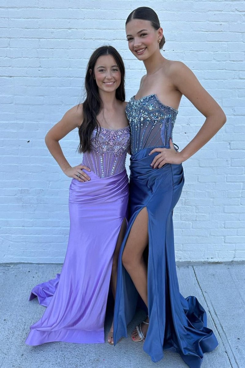 Lila | Strapless Mermaid Satin Beaded Prom Dress With Split - KissProm