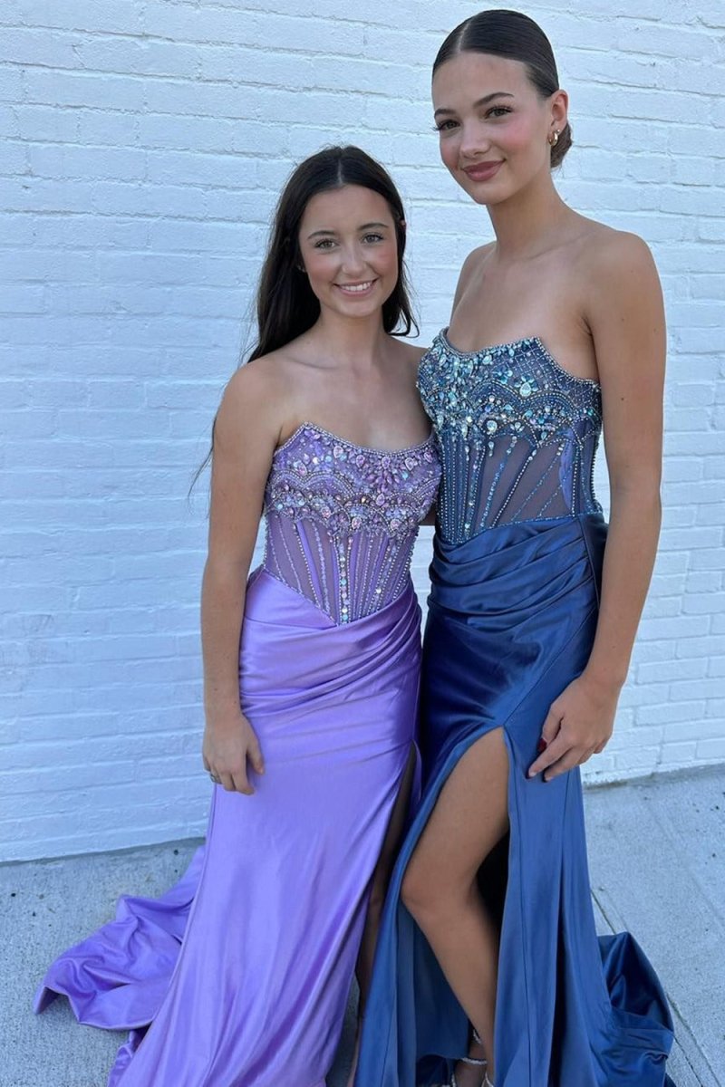 Lila | Strapless Mermaid Satin Beaded Prom Dress With Split - KissProm