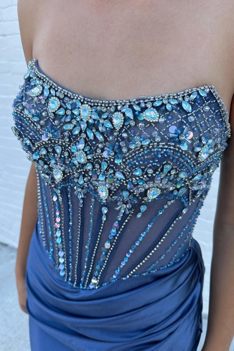 Lila | Strapless Mermaid Satin Beaded Prom Dress With Split - KissProm