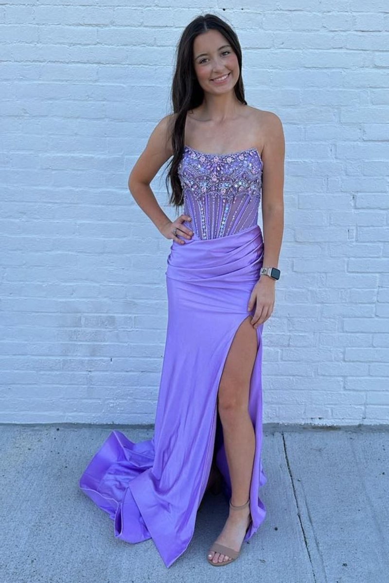 Lila | Strapless Mermaid Satin Beaded Prom Dress With Split - KissProm