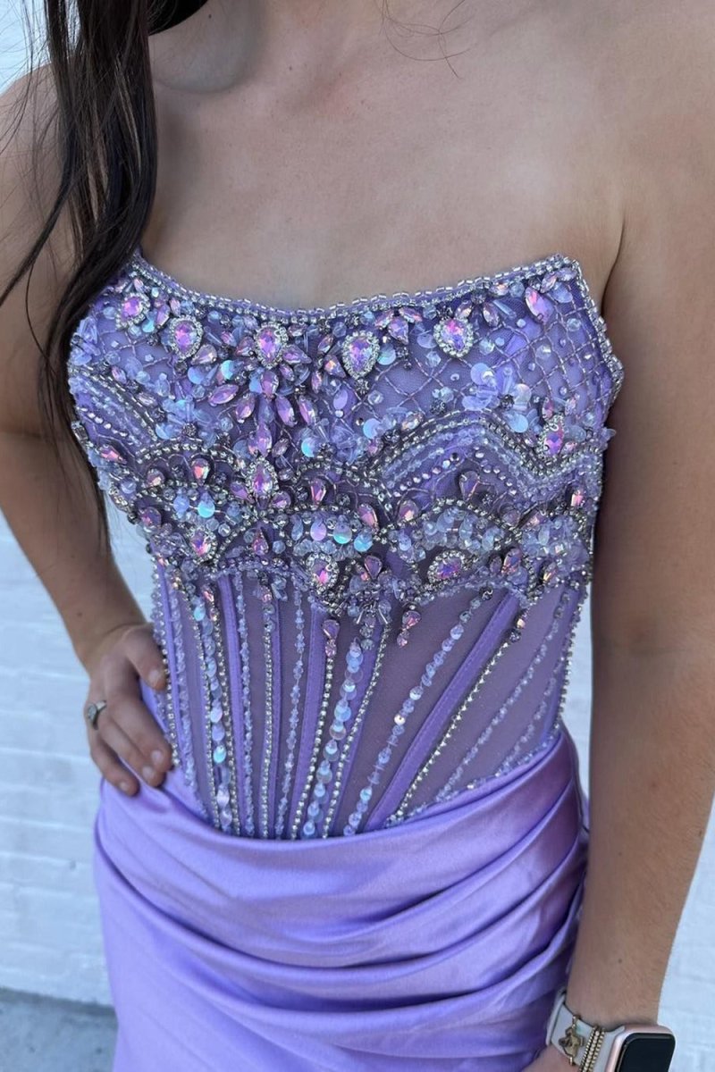 Lila | Strapless Mermaid Satin Beaded Prom Dress With Split - KissProm