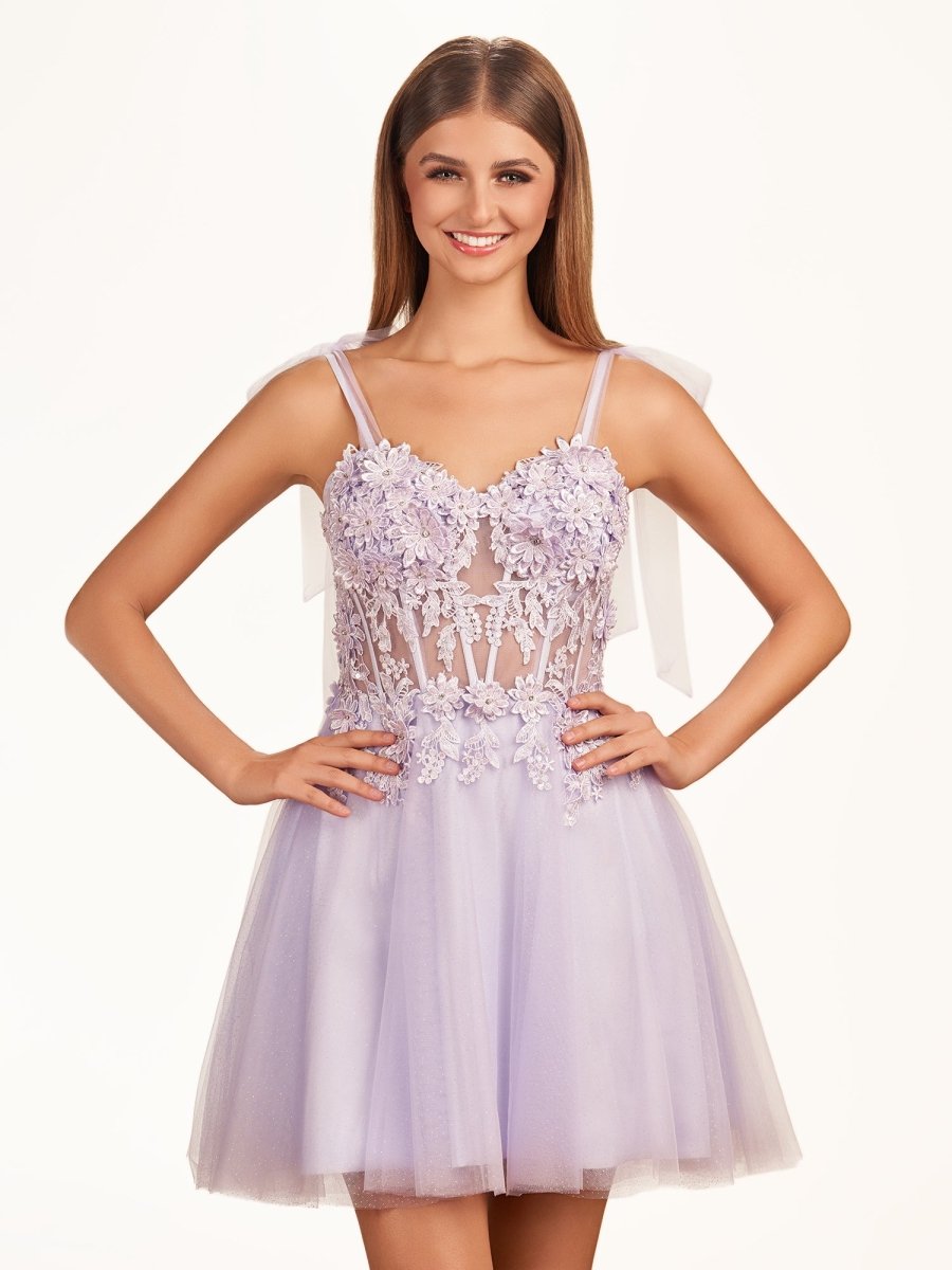 Sierra | Lavender Floral Appliques Sweetheart A - Line Short Homecoming Dress - KissProm