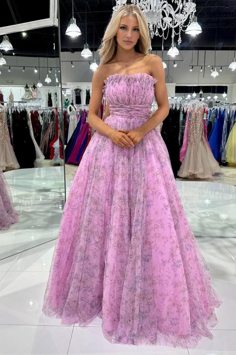 Amani |A line Strapless Printed Glitter Tulle Prom Dress - KissProm