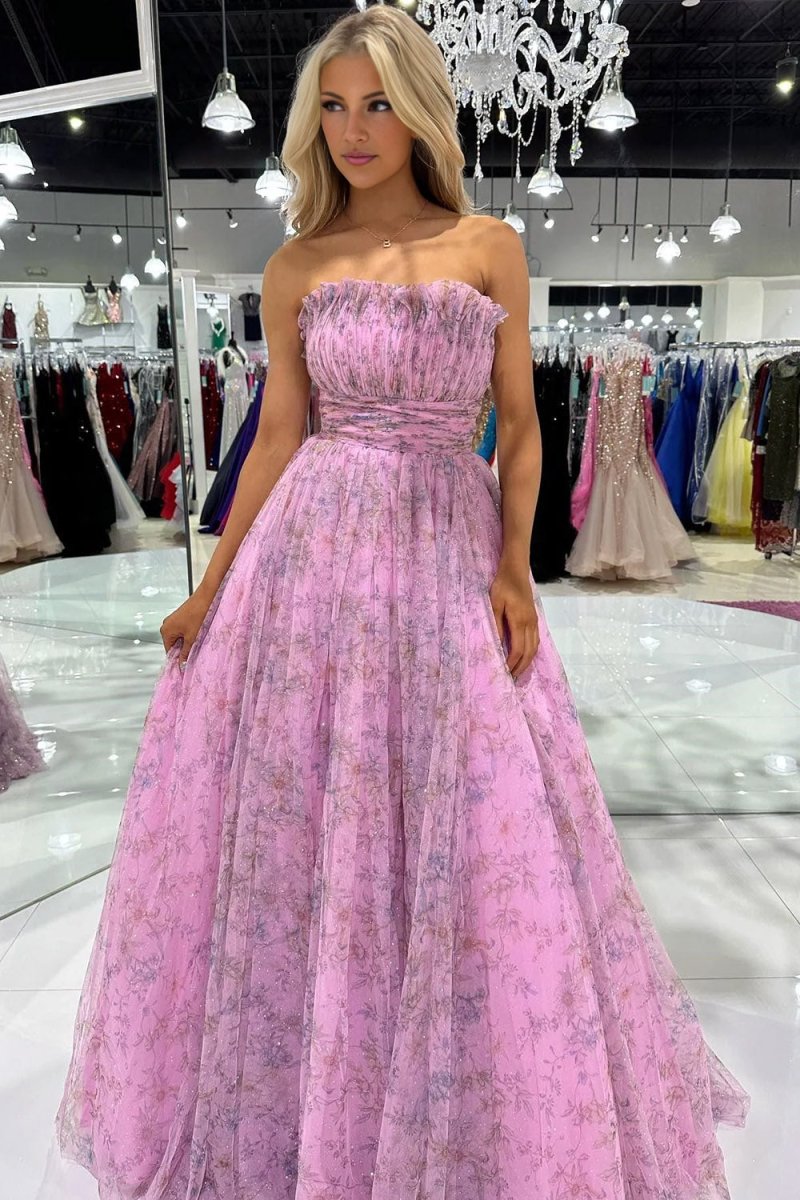 Amani |A line Strapless Printed Glitter Tulle Prom Dress - KissProm