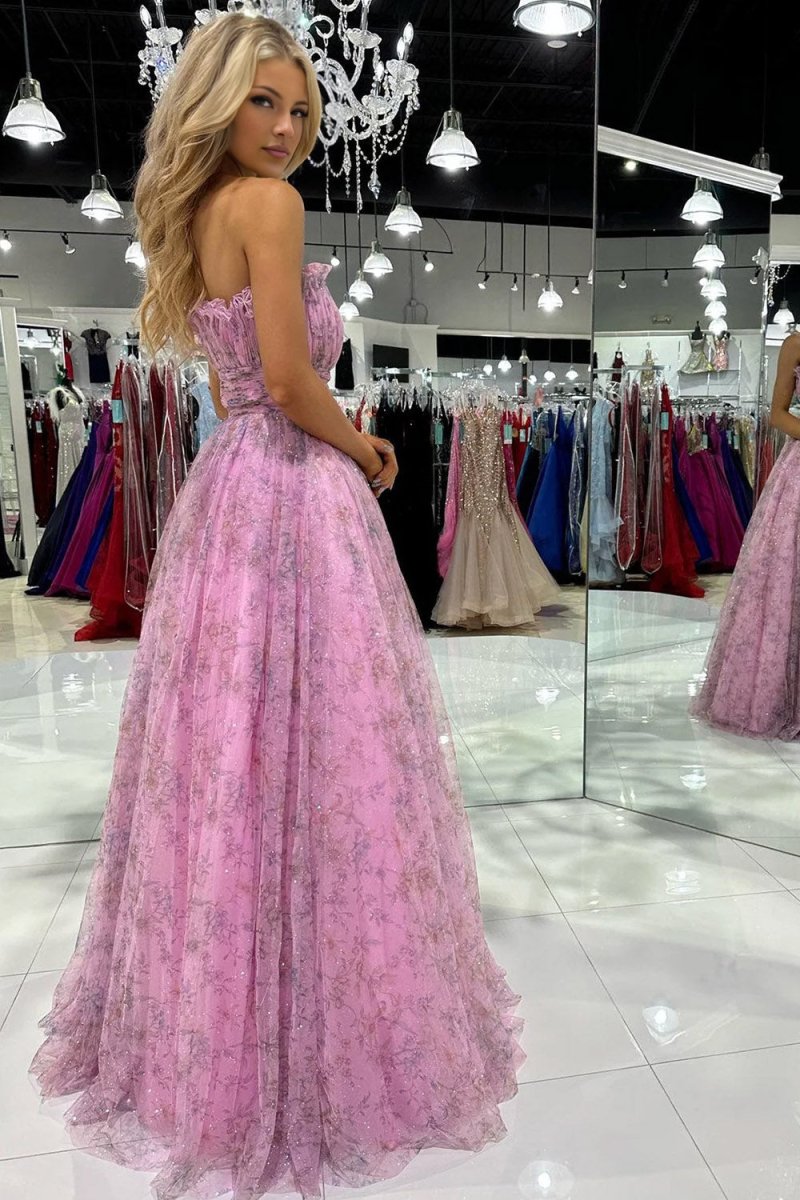 Amani |A line Strapless Printed Glitter Tulle Prom Dress - KissProm