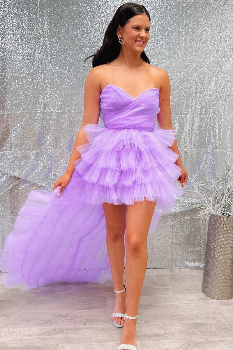 Lilac Tulle Strapless High - Low Homecoming Dress with Ruffles - KissProm