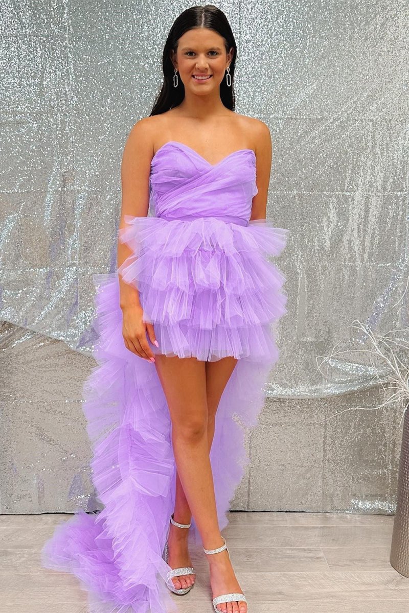 Lilac Tulle Strapless High - Low Homecoming Dress with Ruffles - KissProm