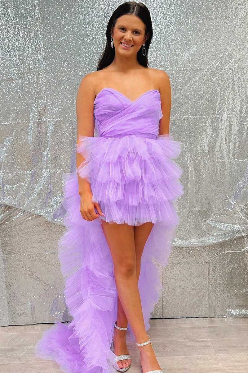 Lilac Tulle Strapless High - Low Homecoming Dress with Ruffles - KissProm