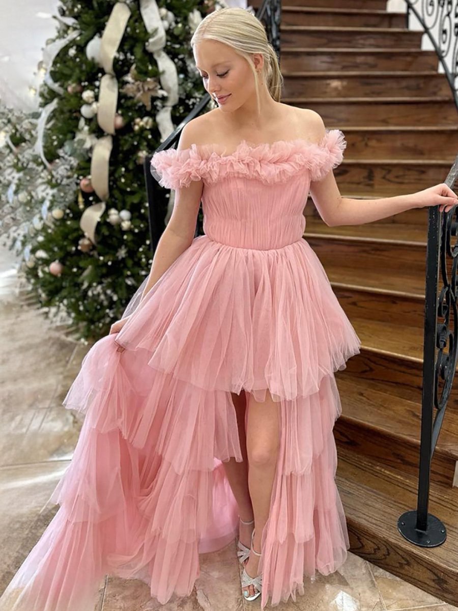 Linen | Pink Off The Shoulder Tulle A Line Prom Dress With Split - KissProm