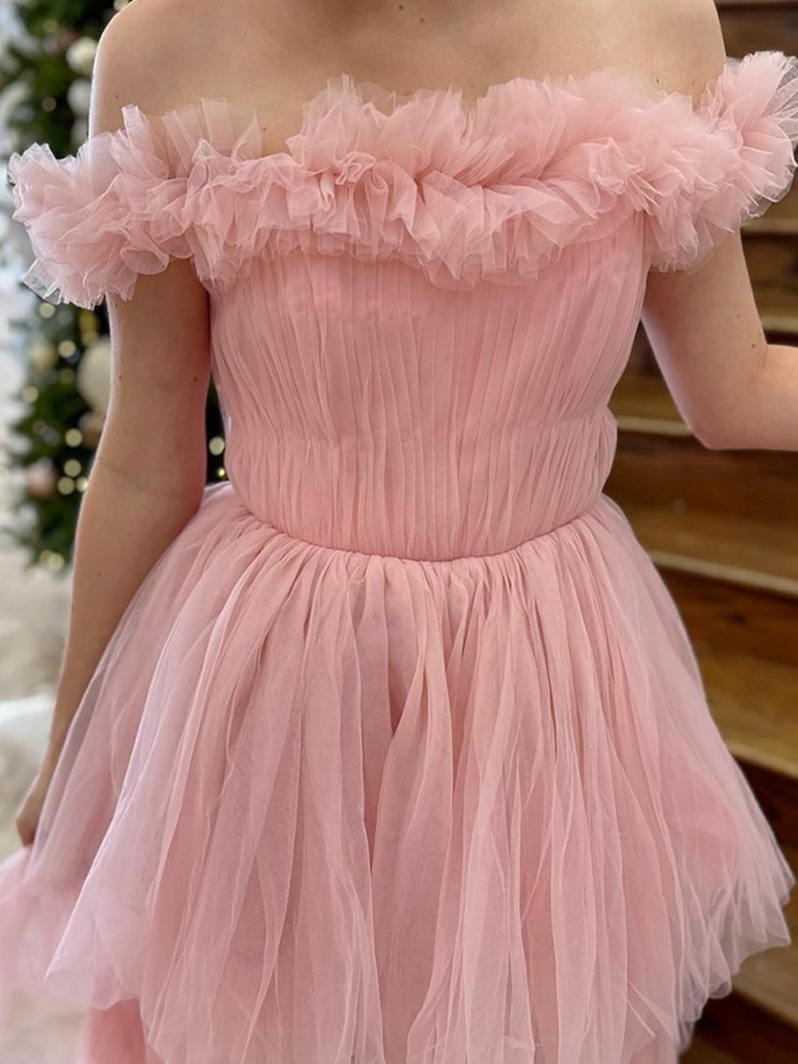 Linen | Pink Off The Shoulder Tulle A Line Prom Dress With Split - KissProm