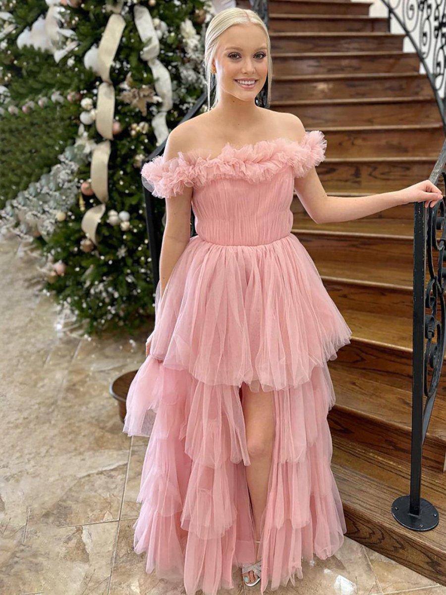 Linen | Pink Off The Shoulder Tulle A Line Prom Dress With Split - KissProm