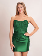 KissProm Sheath Strapless Corset Homecoming Dress | This sheath dress is crafted from luxurious satin fabric in a striking color that radiates sophistication.