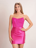 KissProm Sheath Strapless Corset Homecoming Dress | This sheath dress is crafted from luxurious satin fabric in a striking color that radiates sophistication.