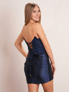 KissProm Sheath Strapless Corset Homecoming Dress | This sheath dress is crafted from luxurious satin fabric in a striking color that radiates sophistication.