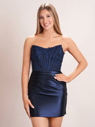 KissProm Sheath Strapless Corset Homecoming Dress | This sheath dress is crafted from luxurious satin fabric in a striking color that radiates sophistication.