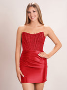 KissProm Sheath Strapless Corset Homecoming Dress | This sheath dress is crafted from luxurious satin fabric in a striking color that radiates sophistication.