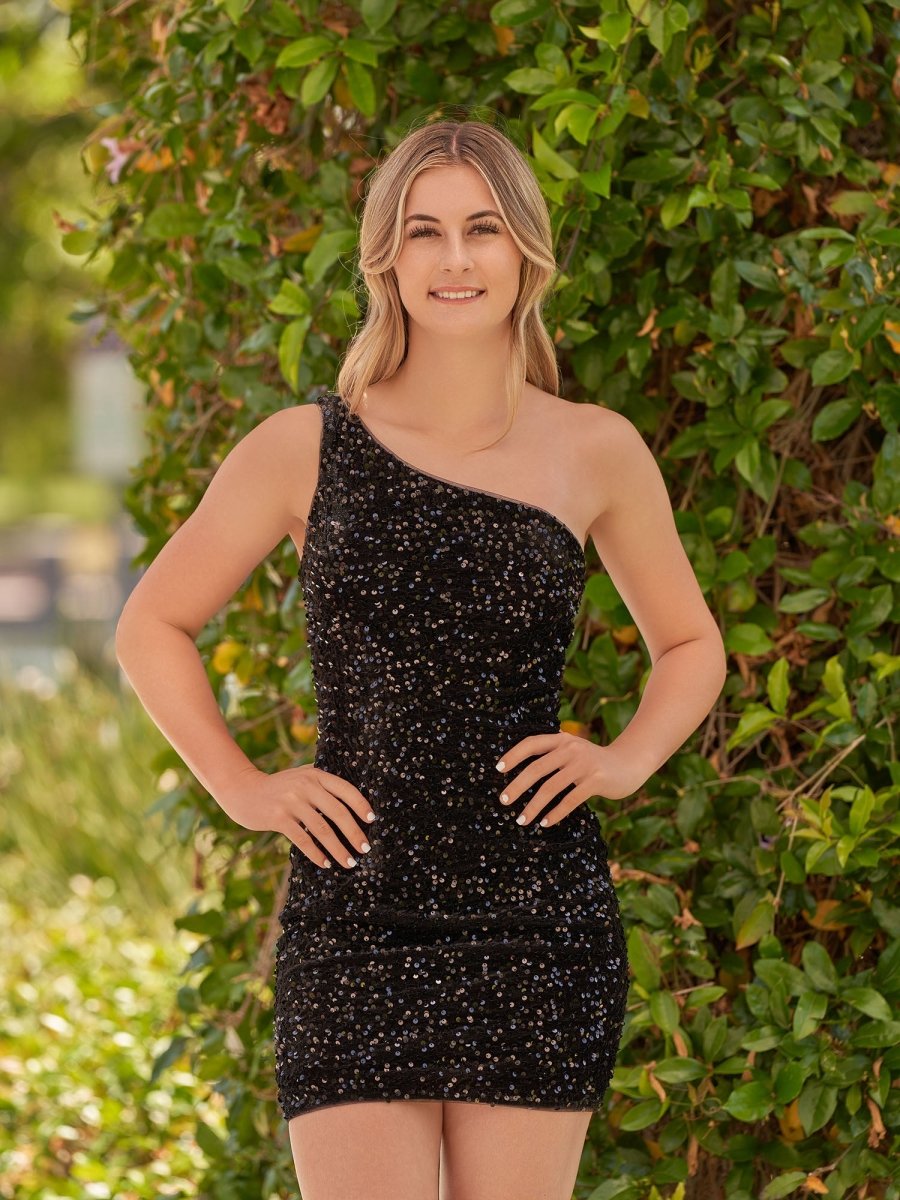 Linnea | Tight Sequins Black One Shoulder Homecoming Dress - KissProm