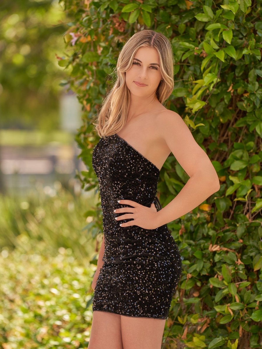 Linnea | Tight Sequins Black One Shoulder Homecoming Dress - KissProm