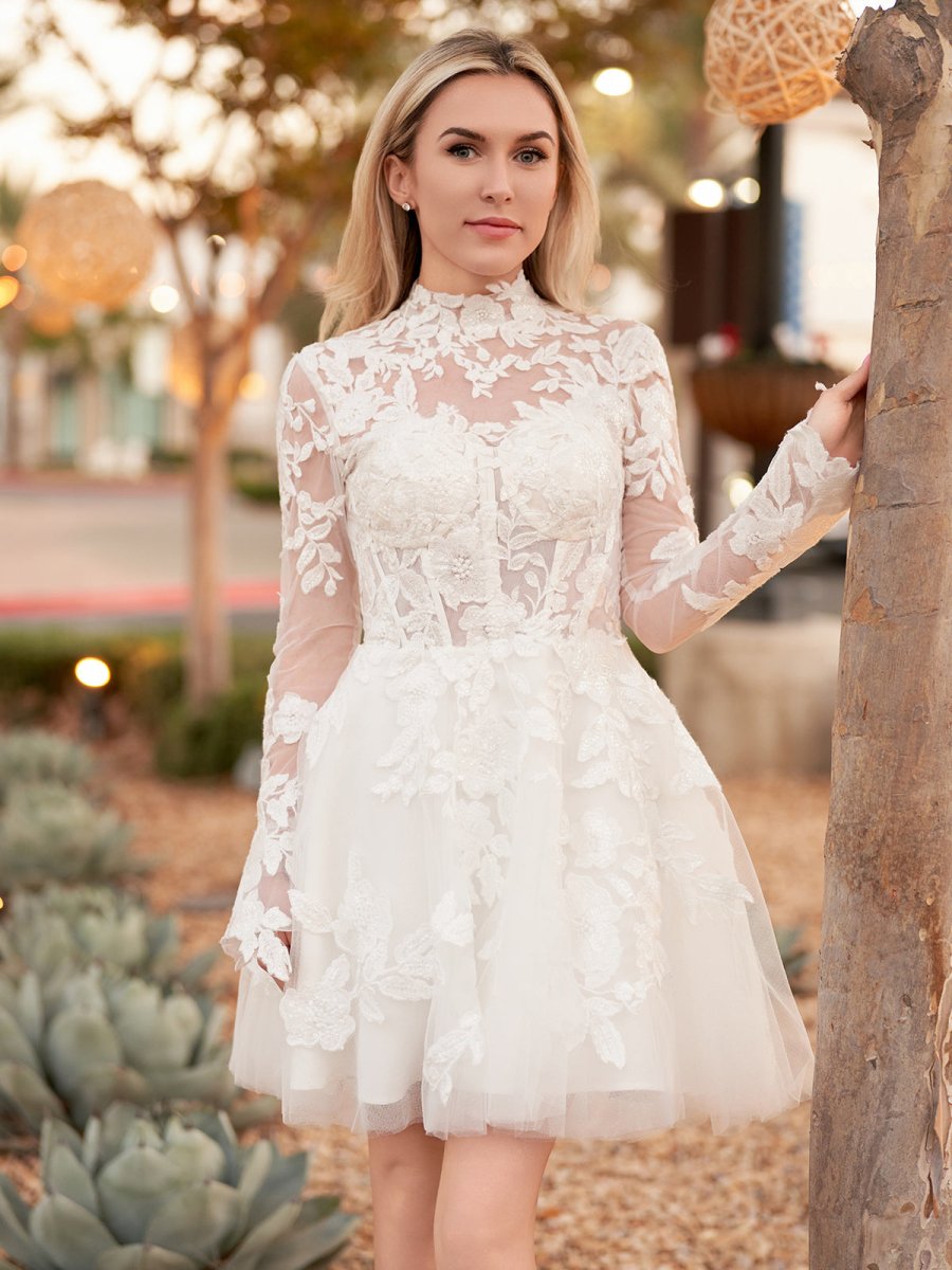 Marilla | Short White A - Line Illusion Neck Long Sleeves Lace Wedding Dresses - KissProm