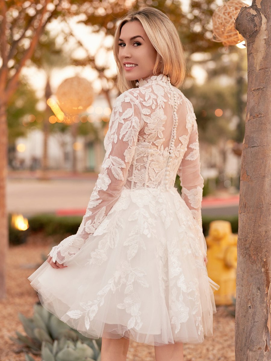 Marilla | Short White A - Line Illusion Neck Long Sleeves Lace Wedding Dresses - KissProm