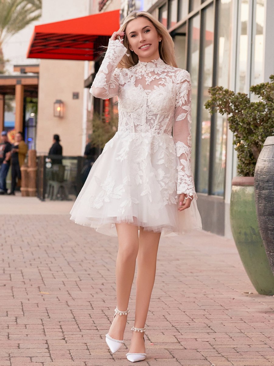 Marilla | Short White A - Line Illusion Neck Long Sleeves Lace Wedding Dresses - KissProm