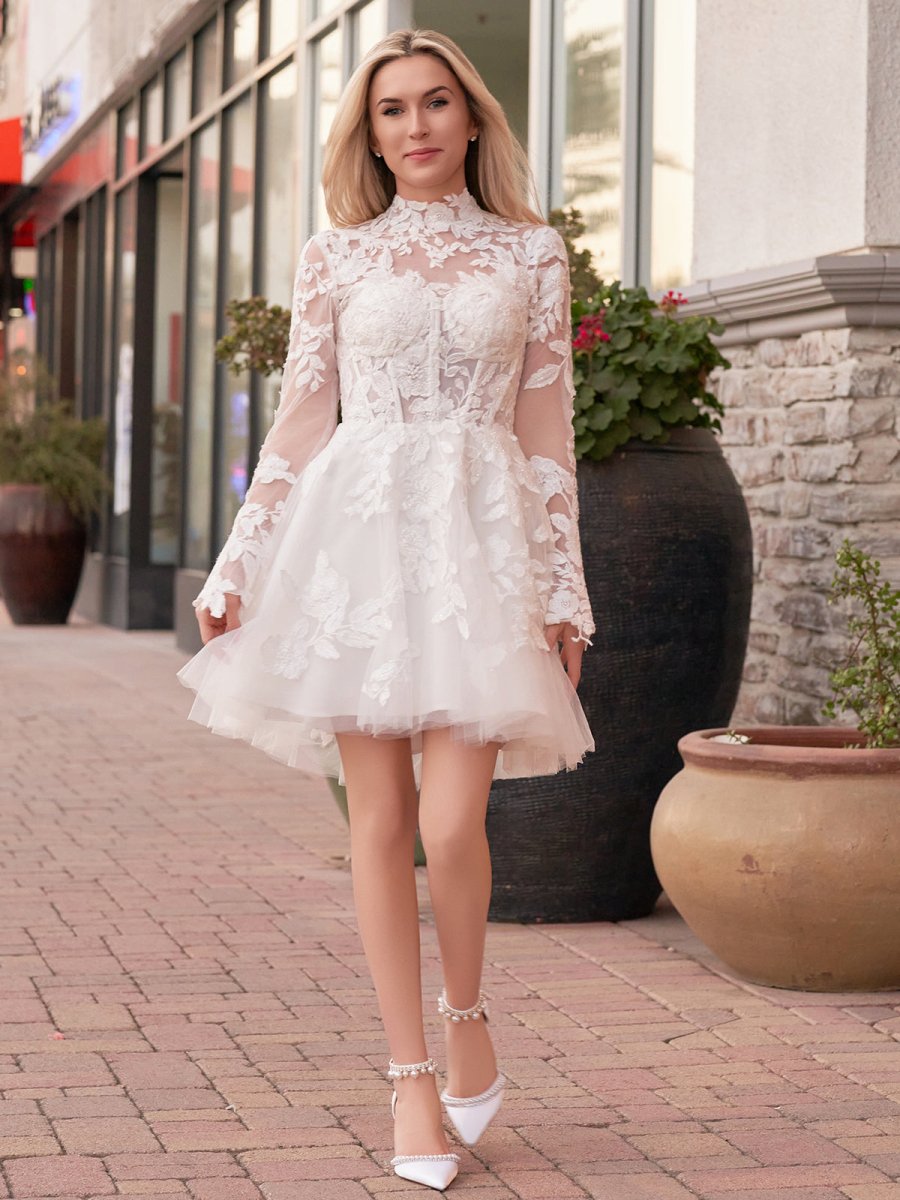 Marilla | Short White A - Line Illusion Neck Long Sleeves Lace Wedding Dresses - KissProm