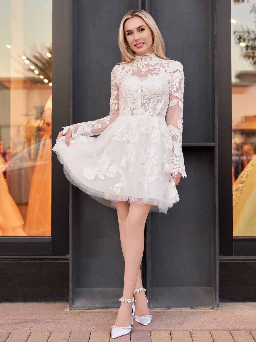 Marilla | Short White A - Line Illusion Neck Long Sleeves Lace Wedding Dresses - KissProm