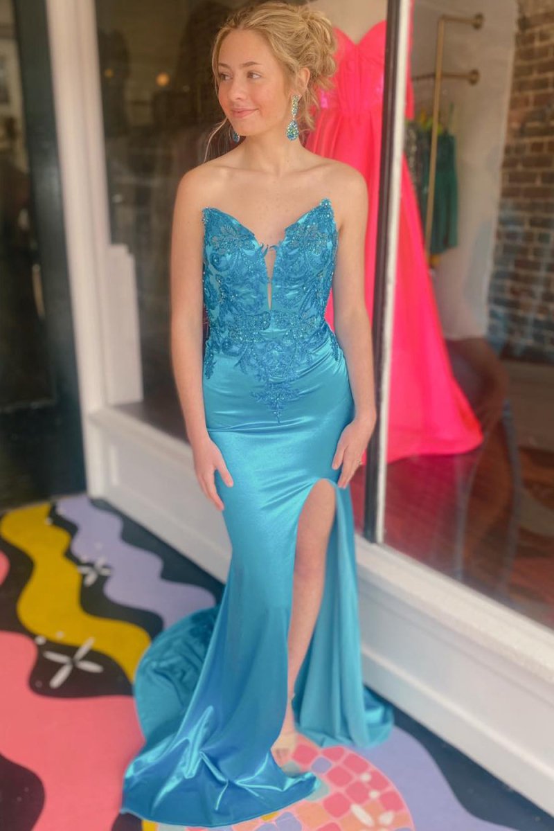 Loey | Mermaid V Neck Blue Satin Mermaid Prom Dress with Slit - KissProm