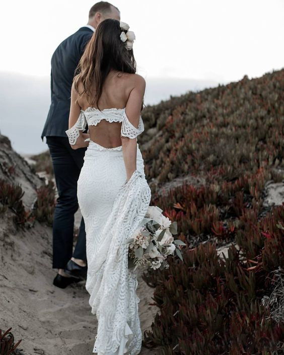 Beach Boho Lace Mermaid Backless Sleeveless White Wedding Gowns