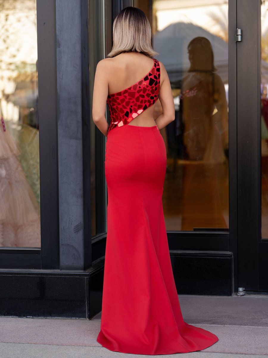 Ashley |Sheath One Shoulder Cut Mirror Sequins Prom Dress - KissProm