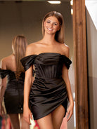 Lucy | Black Satin Off The Shoulder Short Homecoming Dress - KissProm