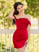 KissProm Satin Off The Shoulder Short Homecoming Dress | Its sheath silhouette effortlessly highlights your figure, while the vibrant color ensures you're the center of attention.