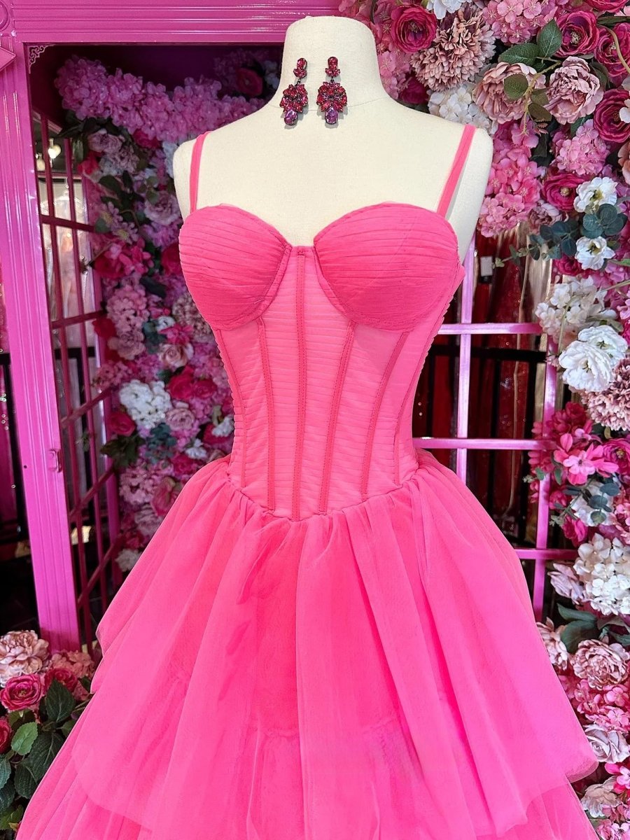 Lula | Hot Pink Ball Gown Tiered Tulle Long Prom Dress - KissProm