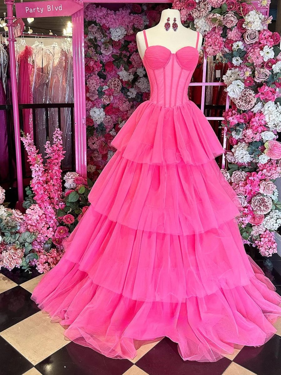 Lula | Hot Pink Ball Gown Tiered Tulle Long Prom Dress - KissProm