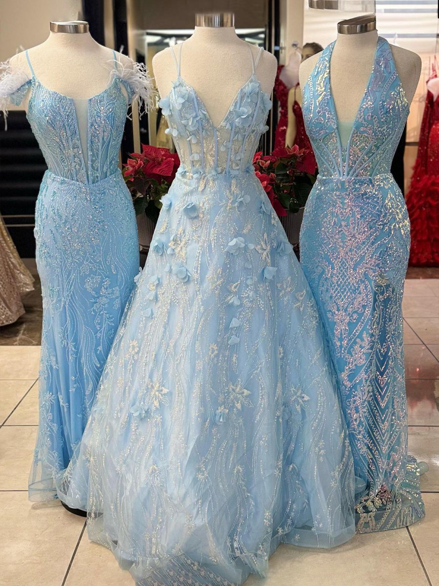 Luminea | Light Blue 3D Flower Lace V - Neck A - Line Long Prom Dress - KissProm