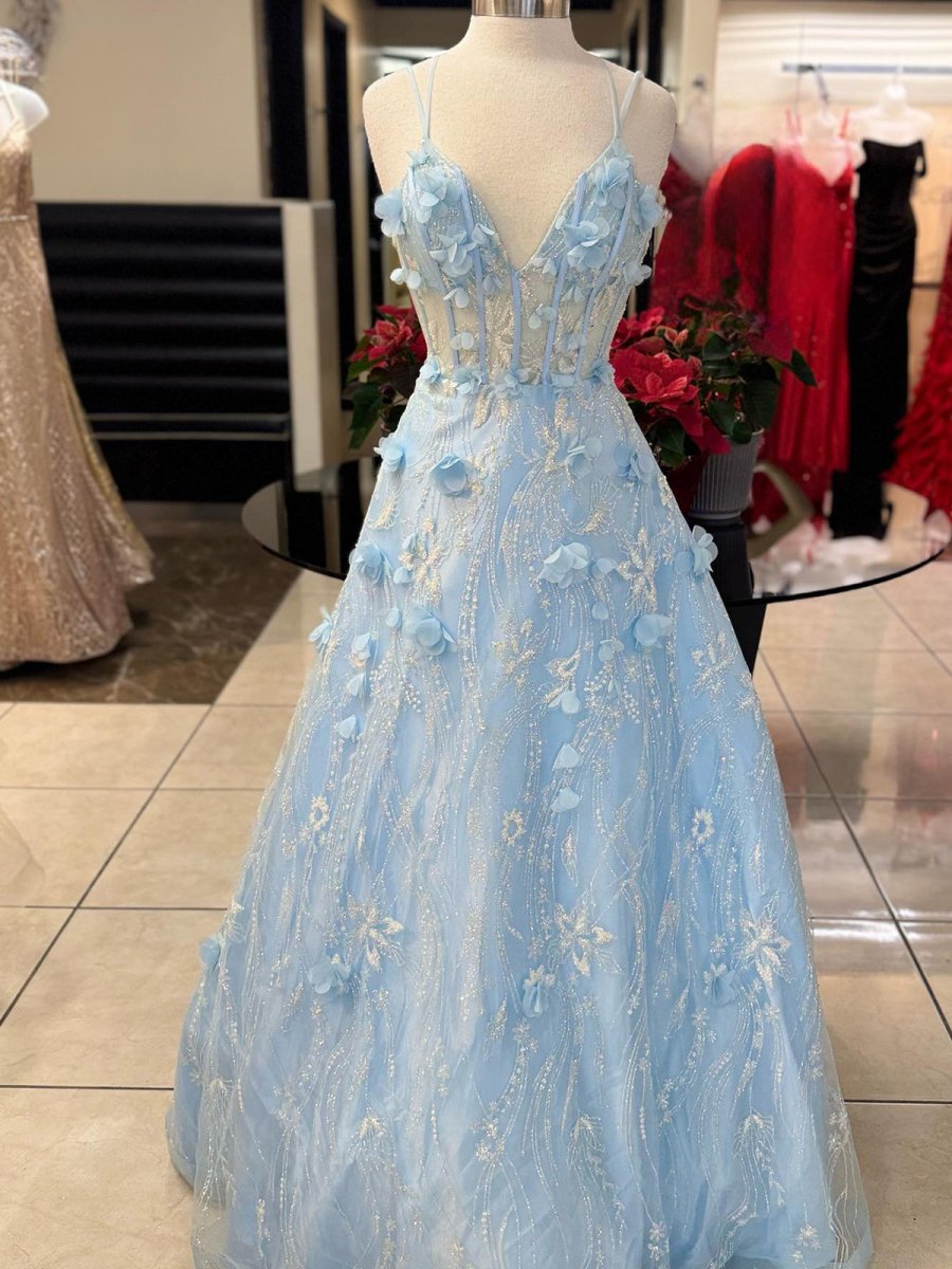 Luminea | Light Blue 3D Flower Lace V - Neck A - Line Long Prom Dress - KissProm