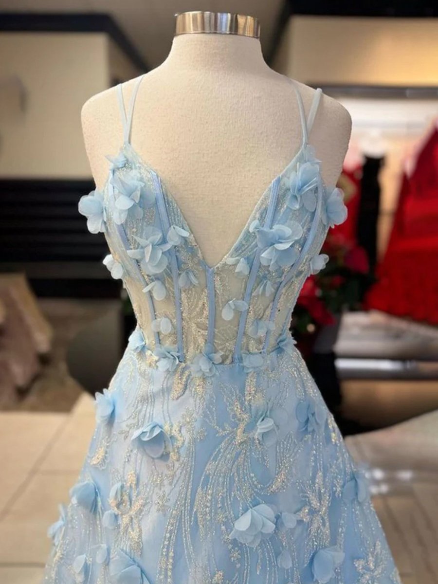 Luminea | Light Blue 3D Flower Lace V - Neck A - Line Long Prom Dress - KissProm