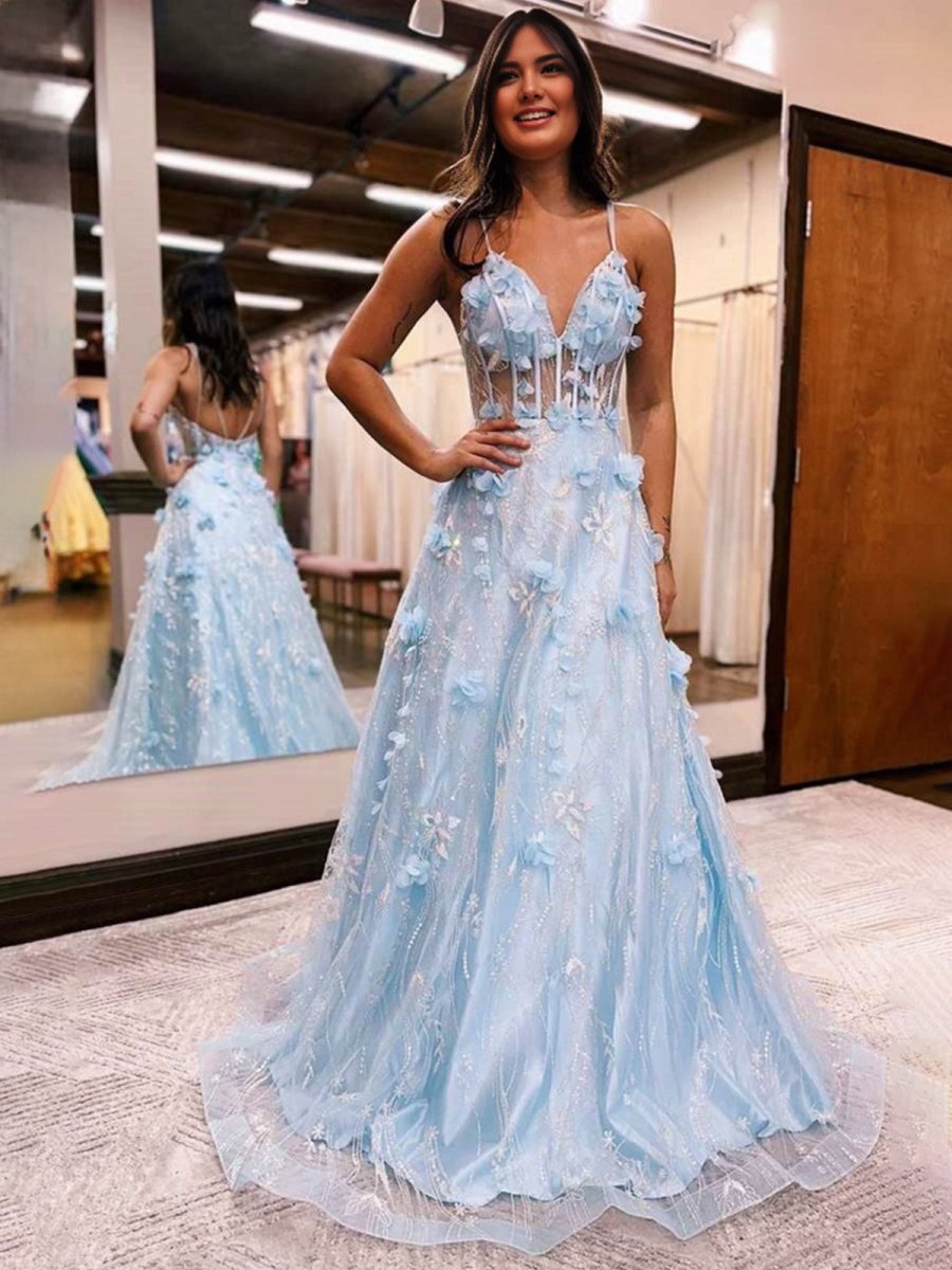 Luminea | Light Blue 3D Flower Lace V - Neck A - Line Long Prom Dress - KissProm