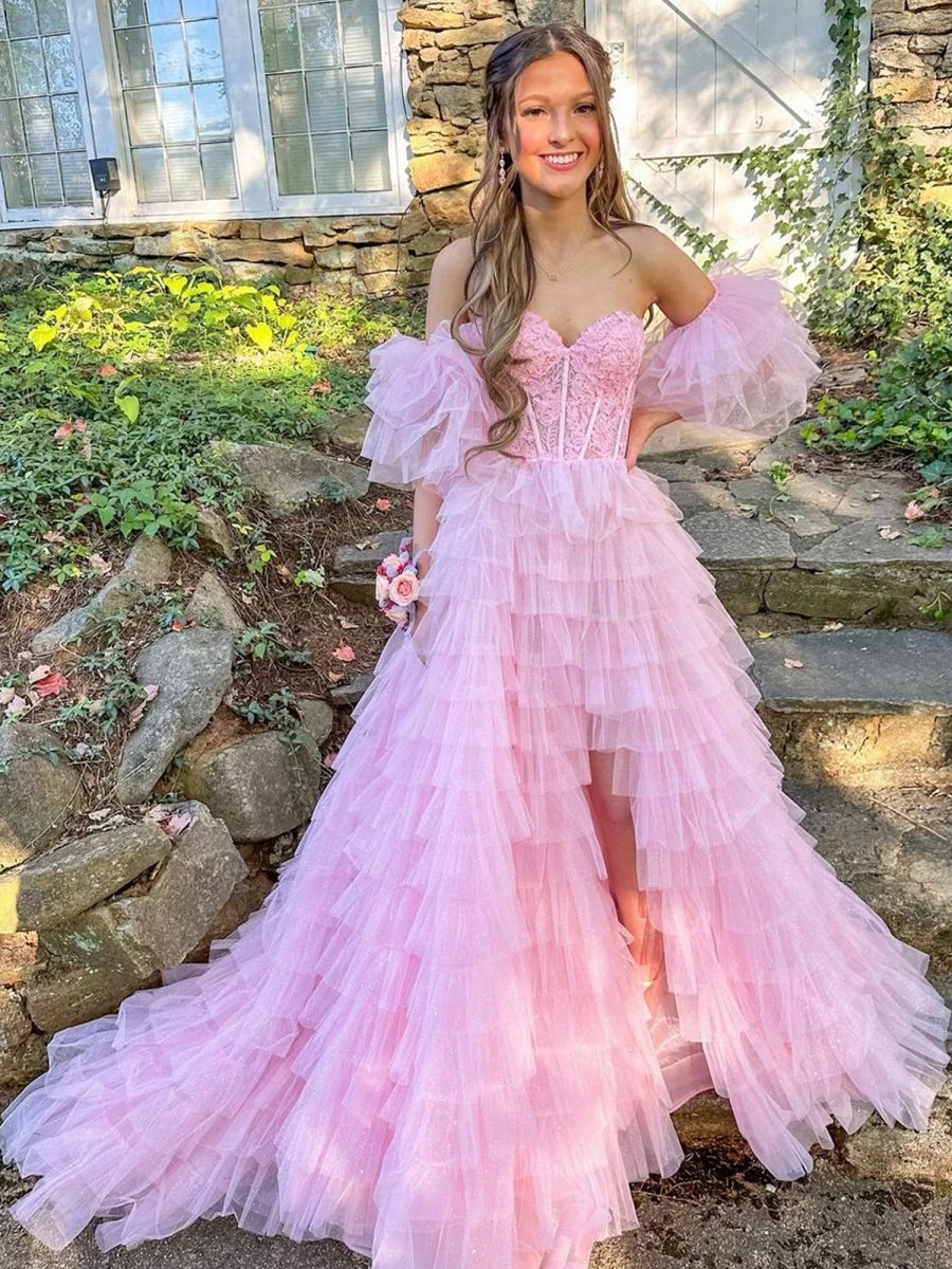 Lunaire | A Line Sweetheart Pink Tiered Tulle Prom Dress with Slit - KissProm