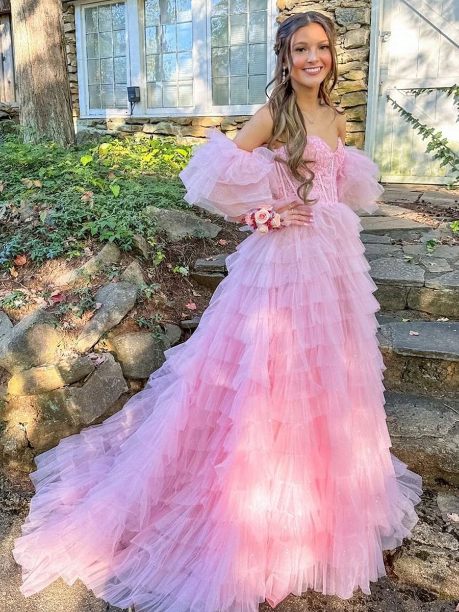 Lunaire | A Line Sweetheart Pink Tiered Tulle Prom Dress with Slit - KissProm