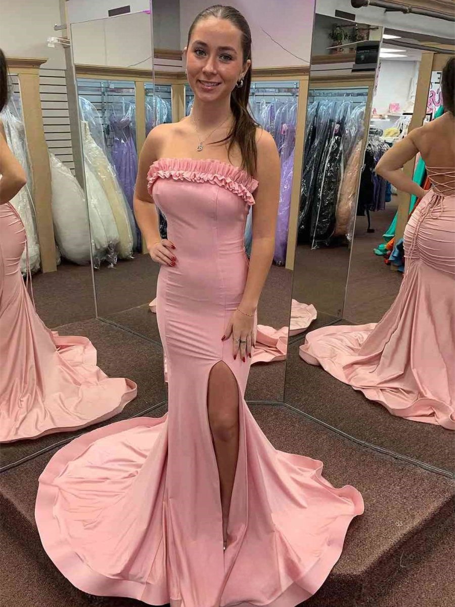 Madona | Mermaid Ruffles Strapless Mermaid Long Prom Dresses with Slit - KissProm