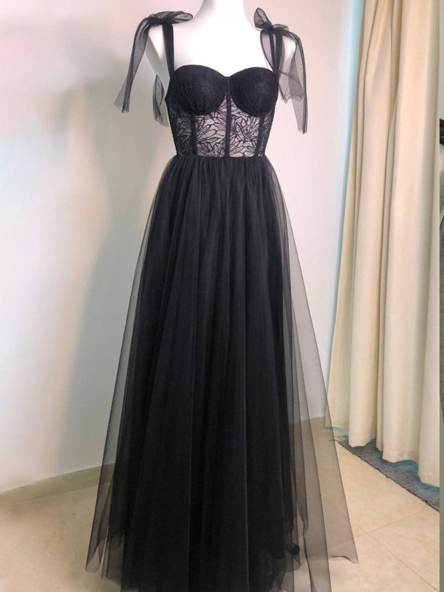 Maebi | A - line Black Lace Corset Tulle Long Prom Dress - KissProm